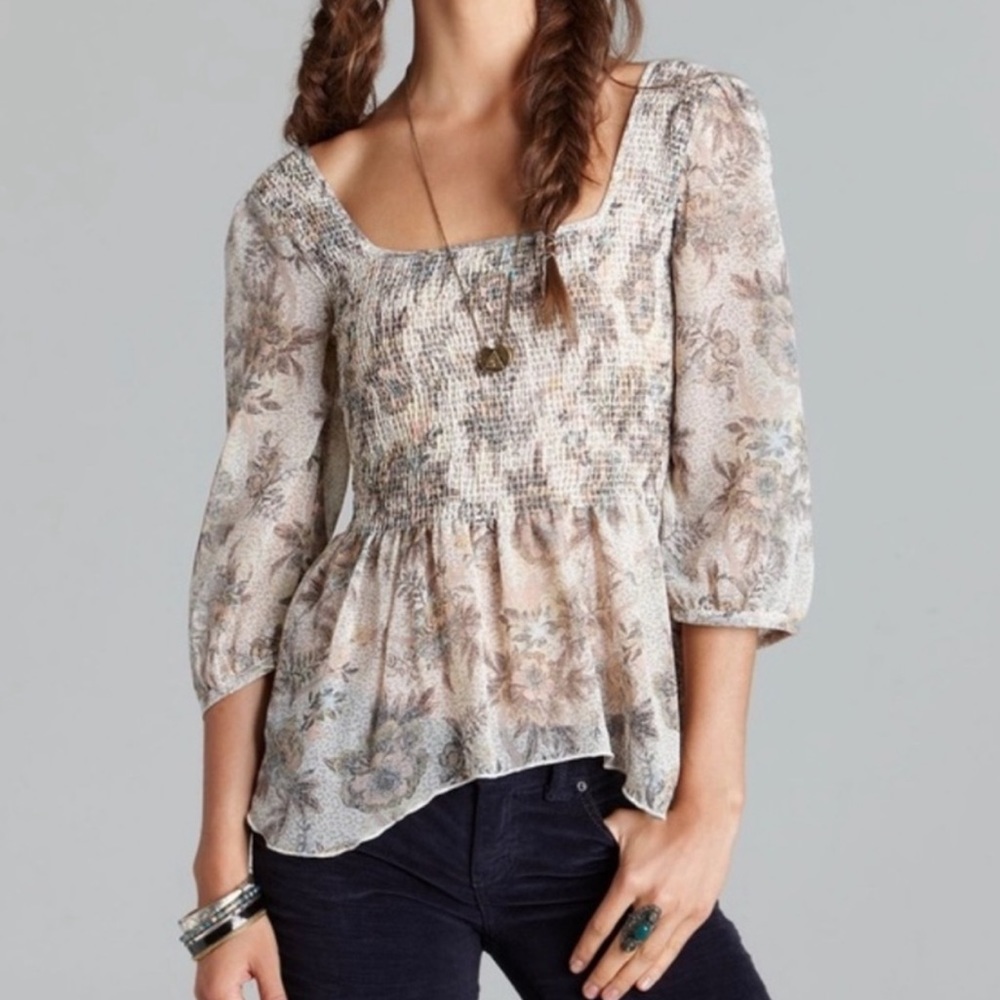 Free People Square Neckline Chiffon Printed Top